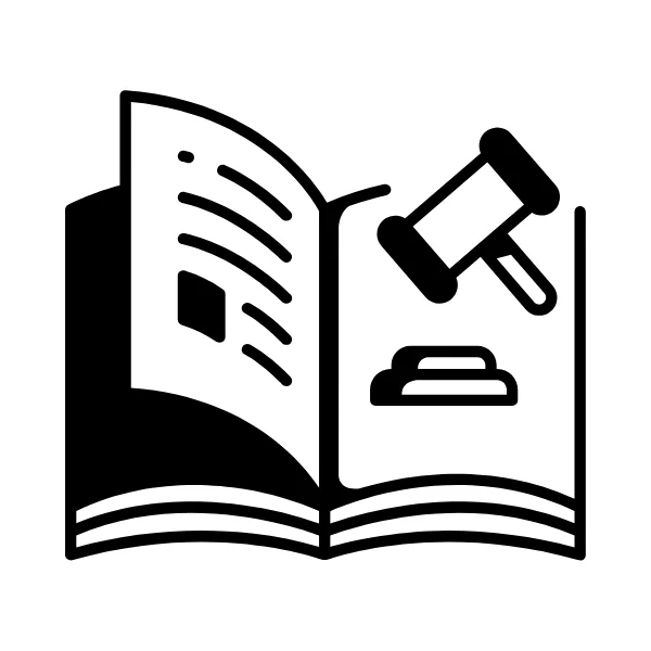 An icon showing a book with a gavel, representing legal knowledge.