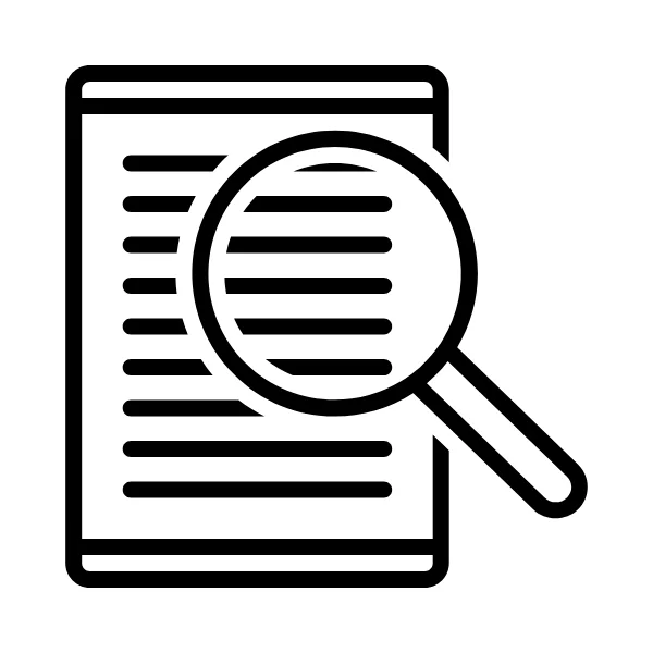 An icon representing a magnifying glass examining documents.